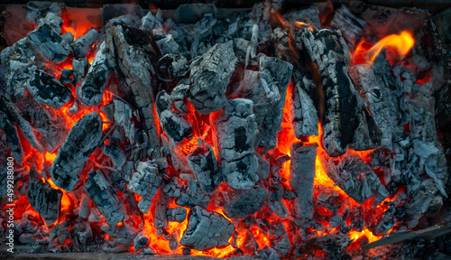 Coals of burning wood on nature in the evening