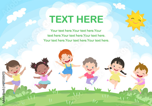 Smiling children jump on a green. Vector illustration for kids with text space.