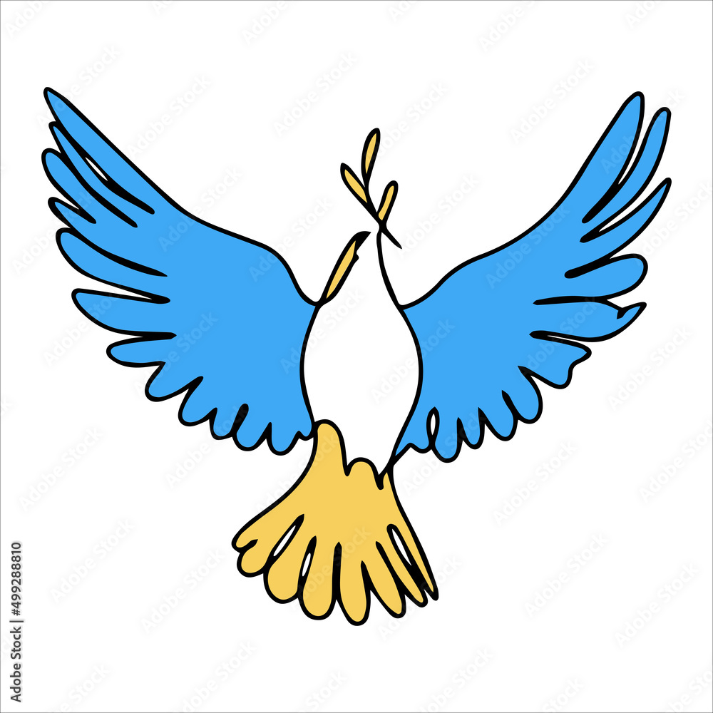 Obraz premium Dove vector illustration in one line style. The bird symbolizes peace and hope. Dove in the colors of the flag of Ukraine. A dove with an olive branch and open wings as a symbol of freedom. No war.