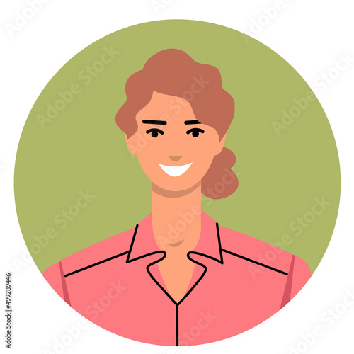 Icon of young woman in flat style isolated on white background. Portrait of a woman with brown hair in a circle. Avatar of a smiling girl in pink clothes. Vector illustration. 