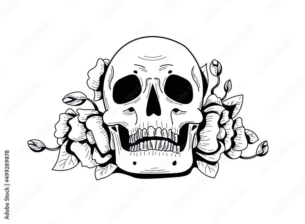 Hand drawn black and white skull with poppy flowers. Gothic mood. Flat, cartoon, comics style with black solid outline. Hand drawn black and white skull with poppy flowers. Gothic mood. Flat, cartoon, comics style with black solid outline.
