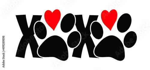 slogan XOXO (hugs and kisses) with hearts. i love my dog or cat. Animals day. Cartoon dog or cat footsteps. Vector footprints pictogram or symbol. Love, heart icon or logo. Love animals.