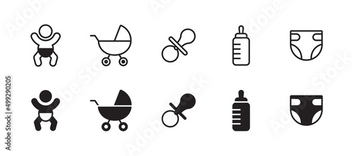 Baby symbol set. Baby's attributes collection. Stroller, pacifier, feeding bottle, diaper. Vector.