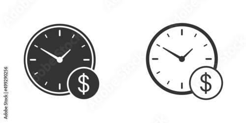 Dollar coin with clock icon. Time is money concept. Watch with dollar sign. Vector.