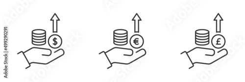 Pictograph of money in hand. Money growth icon. Coins in the hand. Dollar, euro, pound sterling symbols. Business icon. Vector illustration.