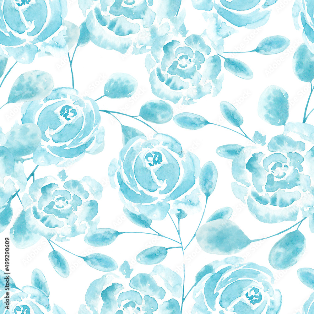Hand-Drawn Seamless Pattern of Loose Rose Flowers  and Leaves on White Background. English Porcelain Inspired Illustration for Wallpaper, Fabric, Postcard or Wrapping Paper