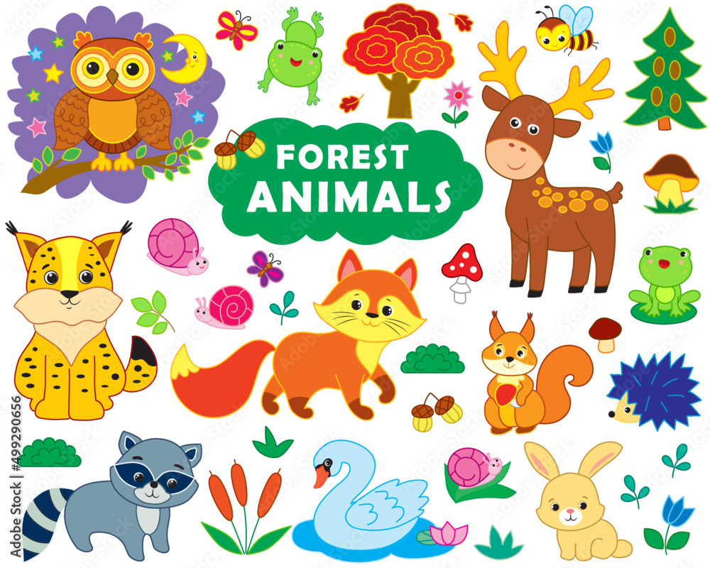 Obraz premium A big collection of funny forest animals, insects, birds. vector illustration