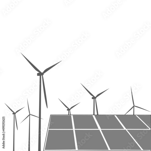 Solar photovoltaic and wind turbines generating electricity power station. Concept of sustainability development by alternative energy