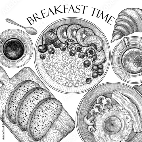 Vector breakfast banner template in engraving style. Frying pan with eggs with bacon, mushrooms, tomatoes and herbs, oatmeal with fruits and berries, a cup of tea and coffee, bread on a wooden board