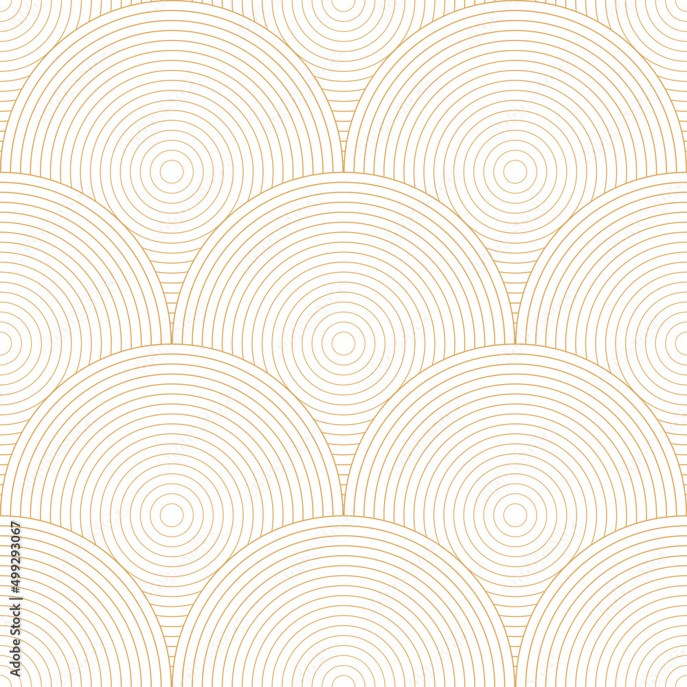 Gold and white geometric pattern, fish scale print, seamless repeat - obrazy, fototapety, plakaty 