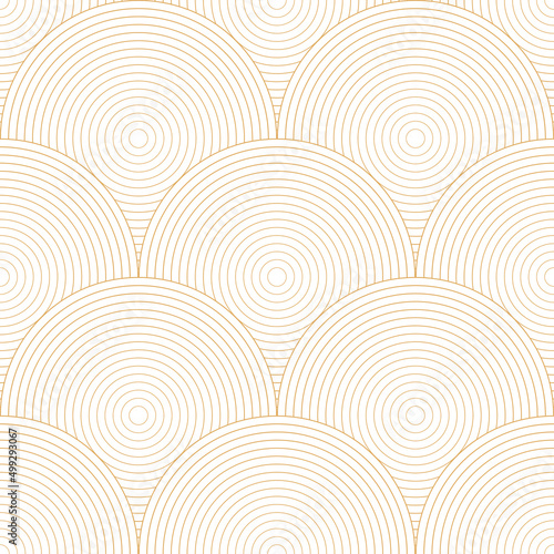 Gold and white geometric pattern, fish scale print, seamless repeat