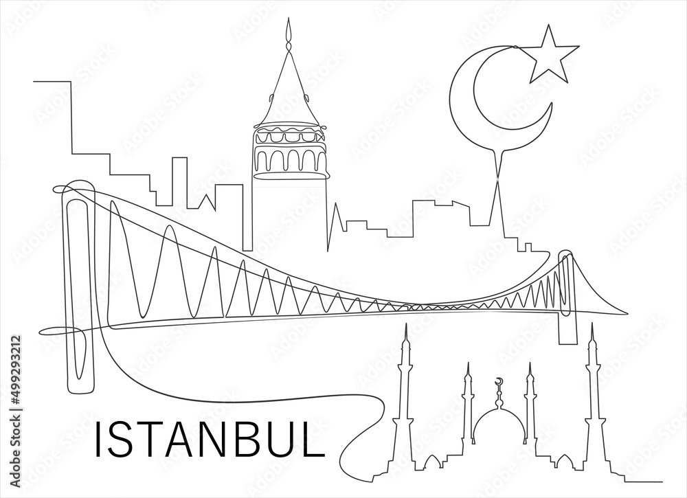 Fototapeta premium One line style Galata Tower,sufi dancer and masjid or mosque. Simple modern minimalistic style vector.