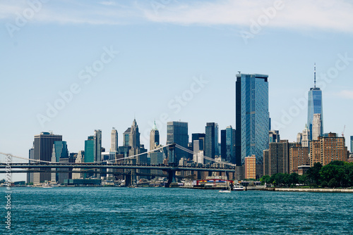 Manhattan New York City skyline with bridge and water