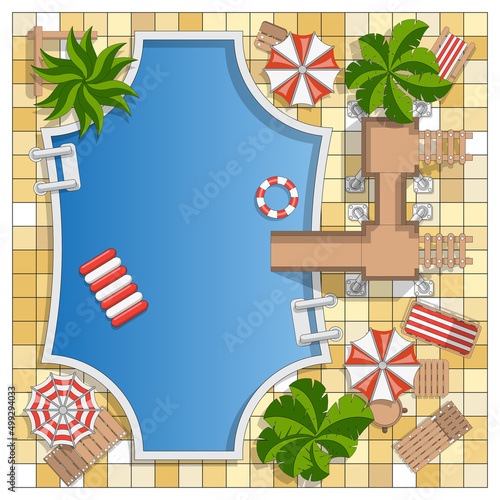 Pool. A place to relax. View from above. Vector illustration.