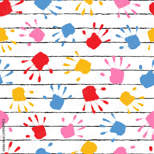 Children seamless pattern. Kid stamps background. Repeated cute handprint design for prints. Repeating color backdrop. Repeat cool patern. Funny baby texture. Abstract check bg. Vector illustration