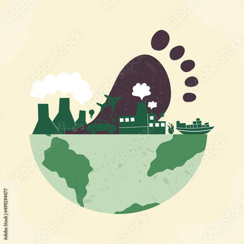 Carbon footprint CO2. Dangerous dioxide effect on planet ecosystem and sustainability. Carbon offset concept. Footprint on the earth flat vector illustration