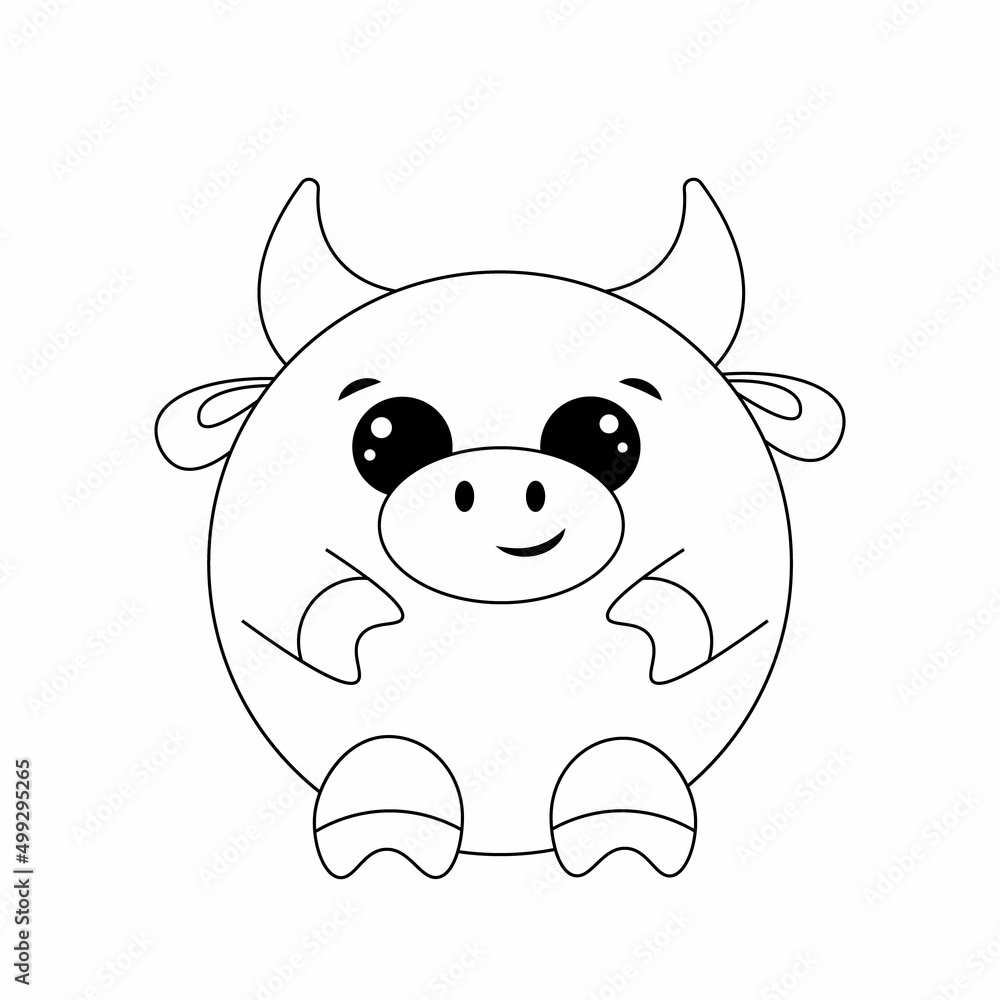 Cute cartoon round Bull. Draw illustration in black and white Cute cartoon round Bull. Draw illustration in black and white