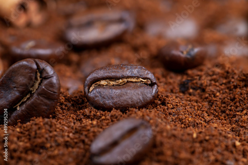 roasted coffee beans and a bunch of ground natural coffee