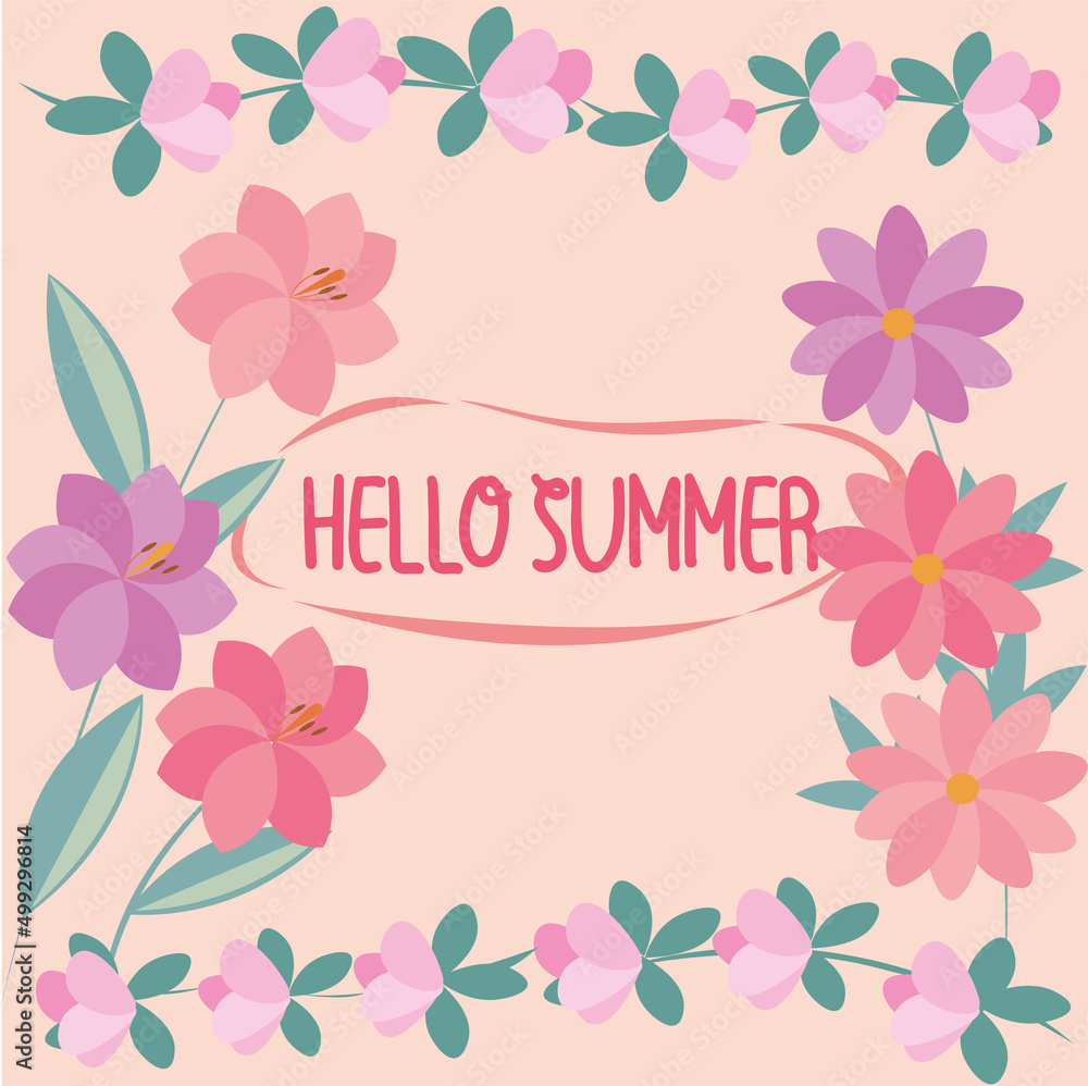 Summer card with flowers on a peach color background. Flat design. Includes 2 variant flowers in different shades of pink, Summer card with flowers on a peach color background. Flat design. Includes 2 variant flowers in different shades of pink,