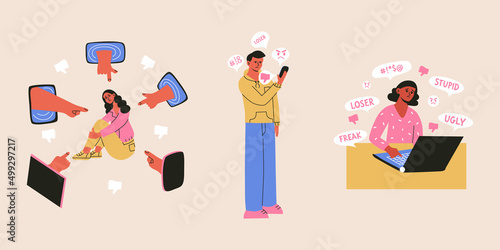 Cyber bullying and online abuse concepts. Upset. shame and crying people take haters messages and dislike in social media. Flat vrctor illustration of internet problems, victim of mass media