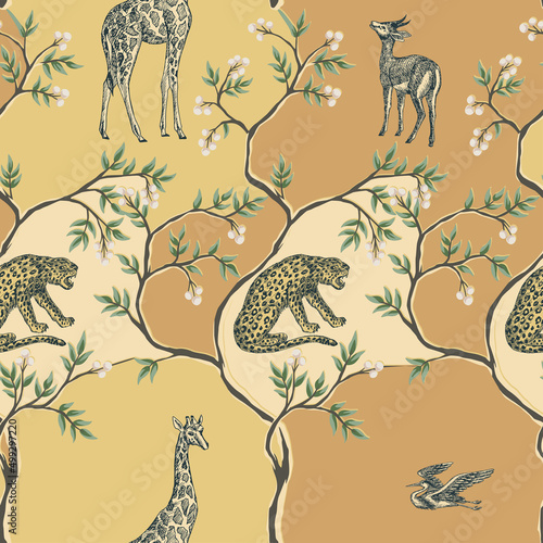 Photography African animals abstract floral pattern, yellow background