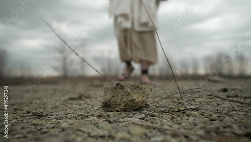 - Jesus Christ, bible, biblical, stone, temptation, wilderness, Satan, sin, gospel, persecuted, persecution, sandals, feet, christian, christianity
- Exterior
- Slow motion
- Tripod