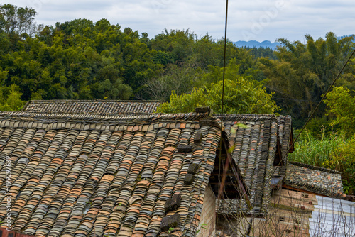 Traditional brick and tile house roof in rural China
