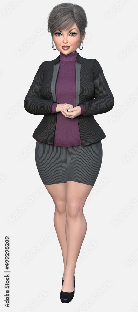 Beth is a middle-aged gray-haired professional woman. She is a 3D illustration cartoon character model render on an isolated white background Beth is a middle-aged gray-haired professional woman. She is a 3D illustration cartoon character model render on an isolated white background