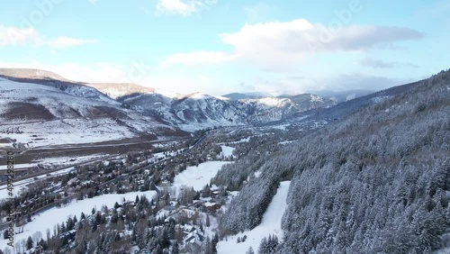 Aerial View of Avon Municipality, Getaway To Beaver Creek Ski Resort, Colorado USA in Winter Season, Drone Shot photo