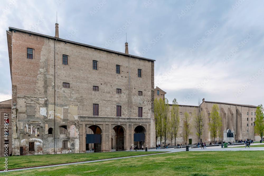 The ancient Palazzo della Pilotta in the historic center of Parma, Italy, in late afternoon light