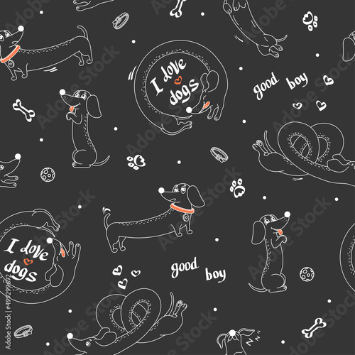 Black and white seamless pattern with hand-drawn dachshund dogs. Monochrome vector illustration in doodle style.