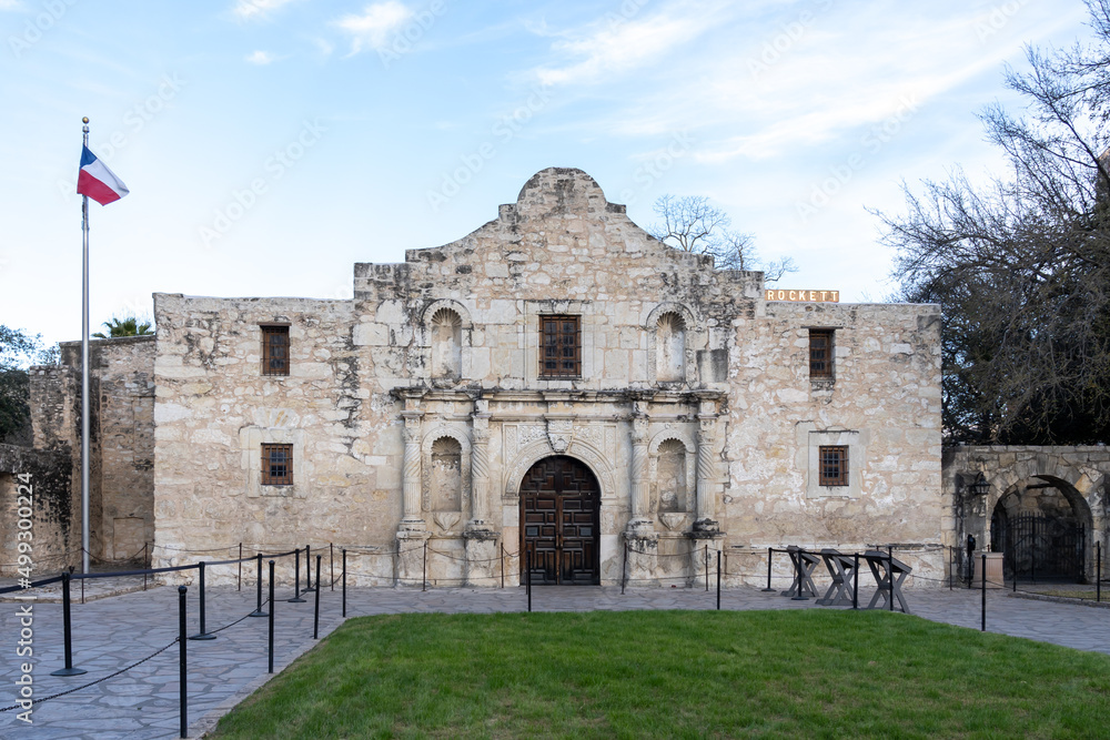 San Antonio, TX, USA - March 16, 2022: Alamo in San Antonio, TX, USA. Alamo is a historic Spanish mission and fortress compound, a museum in the Alamo Plaza Historic District. 