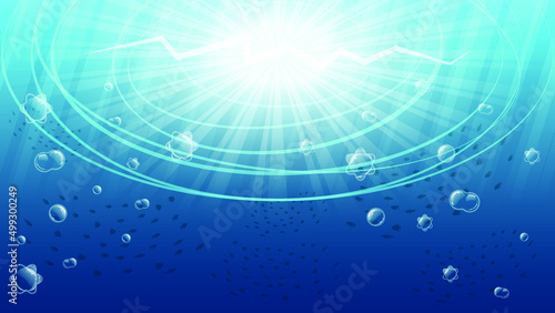 Abstract Blue Underwater Ocean Sea Nature Background Vector With Bubbles, Fishes And Shadows Seaweed Vector Design Style