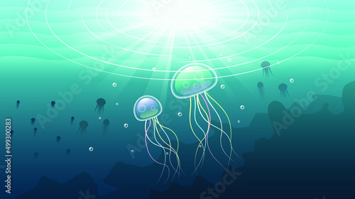 Abstract Blue Underwater Ocean Sea Nature Background Vector With Jellyfish, Fishes, And Shadows Seaweed Vector Design Style