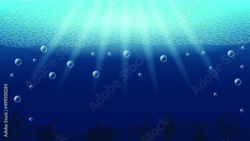 Abstract Blue Underwater Ocean Sea Nature Background Vector With Bubbles And Shadows Seaweed Vector Design Style