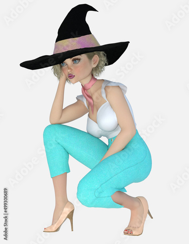 Jenna is a young blonde female witch - a 3D illustration character model render on an isolated background. photo