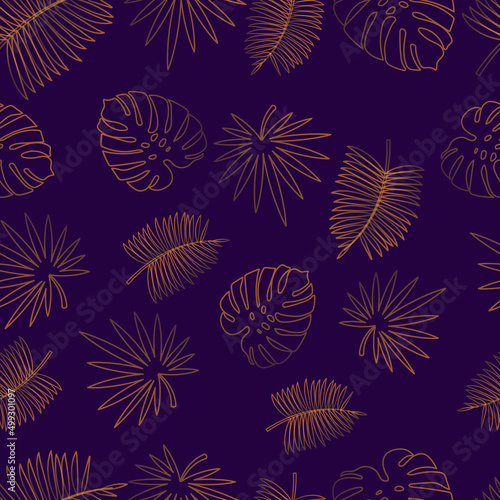 seamless pattern of golden tropical leaves