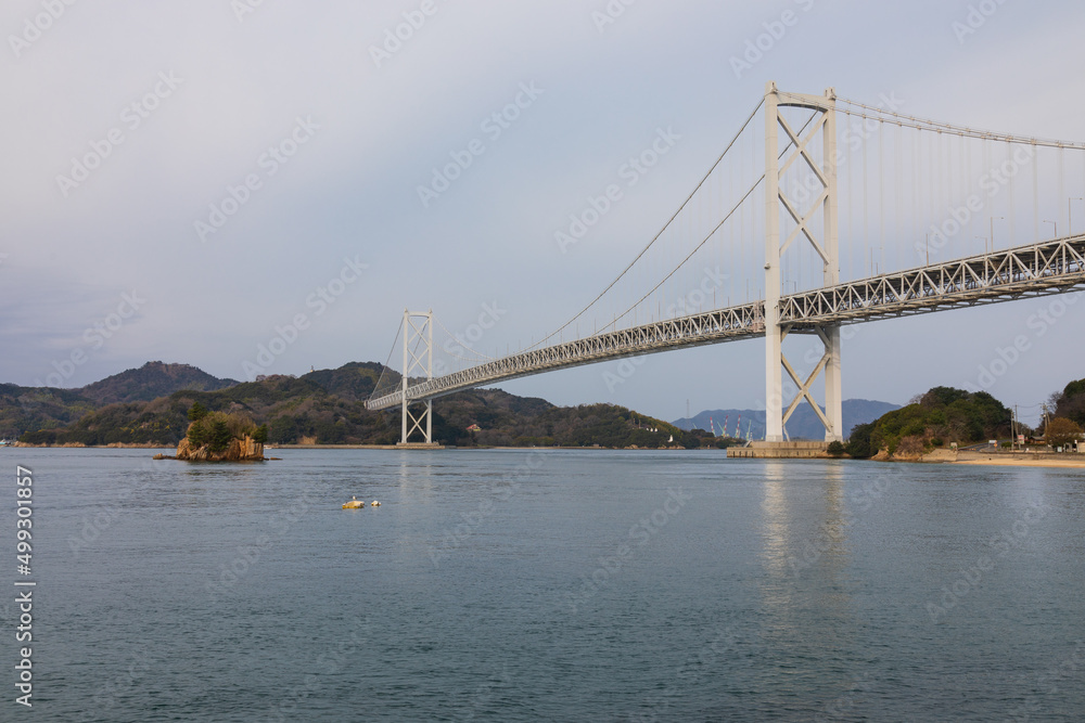 View of Innoshima Bridge from the SHIMANAMI KAIDO cycle route, Hiroshima, Japan View of Innoshima Bridge from the SHIMANAMI KAIDO cycle route, Hiroshima, Japan
