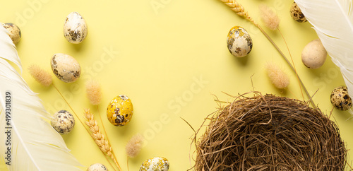 Easter flat lay, wide banner. Colored quail eggs, bird's nest, feathers, wheat on a yellow monochrome background. View from above wirh cooy space. photo