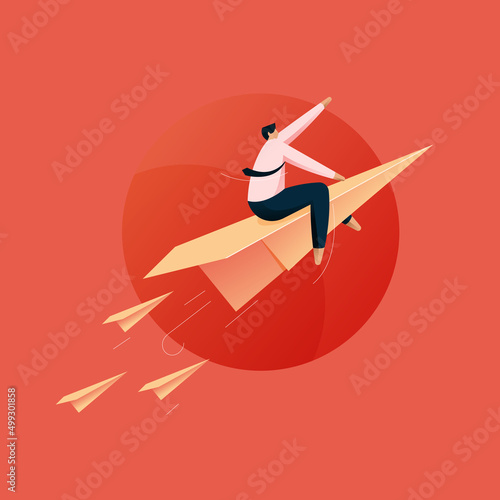 Businessman Flying UP with Paper Plane, New Startup, Growth and Progress concept