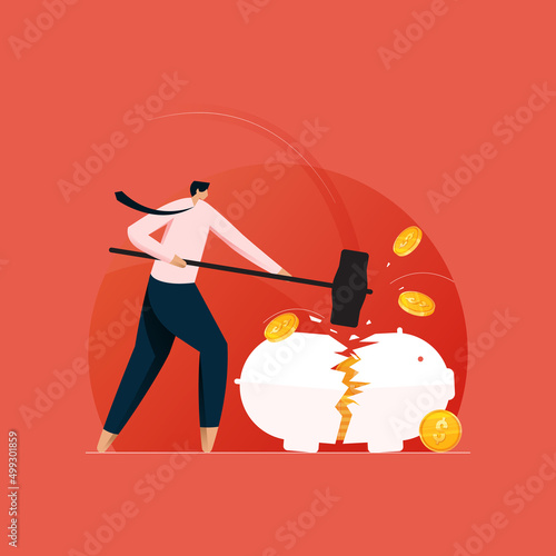 Businessman Struggling with Financial Crisis, Person Smashed piggy bank with hammer