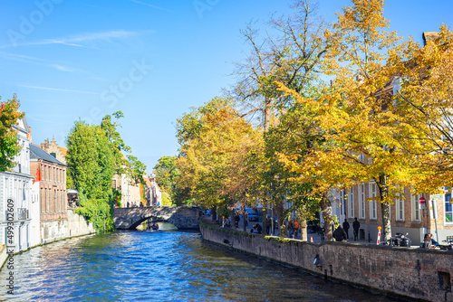 Scenic view of trees with autumn leaf colors along a canal in the historic town of Bruges, Belgium.