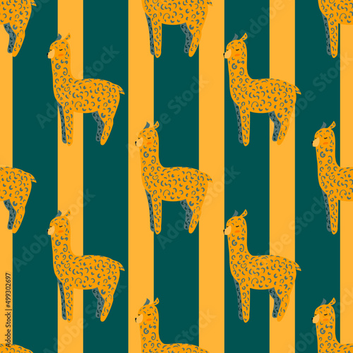 Cheerful alpaca seamless pattern. Background with funny llama in doodle style for fabric.