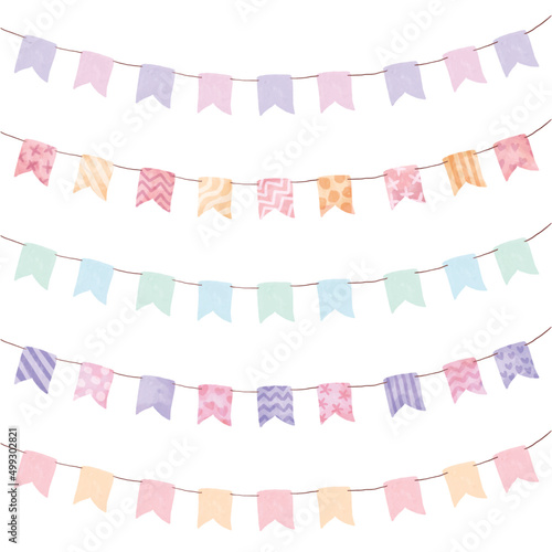 Watercolor colorful bunting flags clipart collection for decoration.
