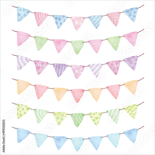 Watercolor colorful bunting flags clipart collection for decoration.