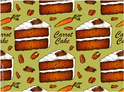 Sketch drawing pattern of Carrot cake isolated on green background. Hand drawn baked sweet dessert wallpaper. Whipped cream, orange carrot fruit, walnut, pecan nuts. Line art food. Vector illustration