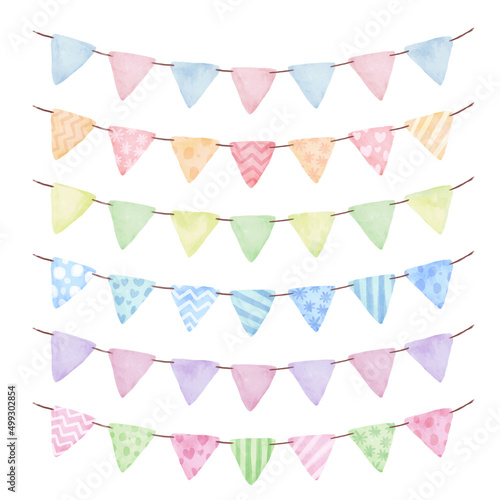 Watercolor colorful bunting flags clipart collection for decoration.