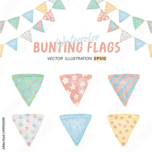 Watercolor colorful bunting flags clipart collection for decoration.