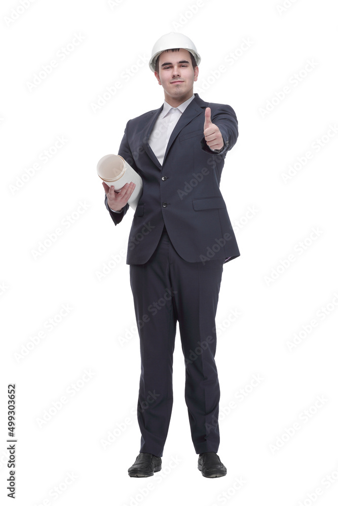 Front view of young architect man in hardhat holding blueprints walking away Front view of young architect man in hardhat holding blueprints walking away