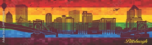 Pittsburgh on LGBT flag background - illustration, 
Town in Rainbow background, 
Vector city skyline silhouette